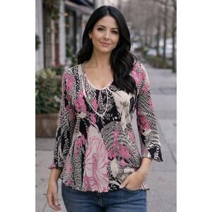 Vintage Andrea Behar Floral Pleated Sheer Top 3/4 Sleeve Blouse Medium